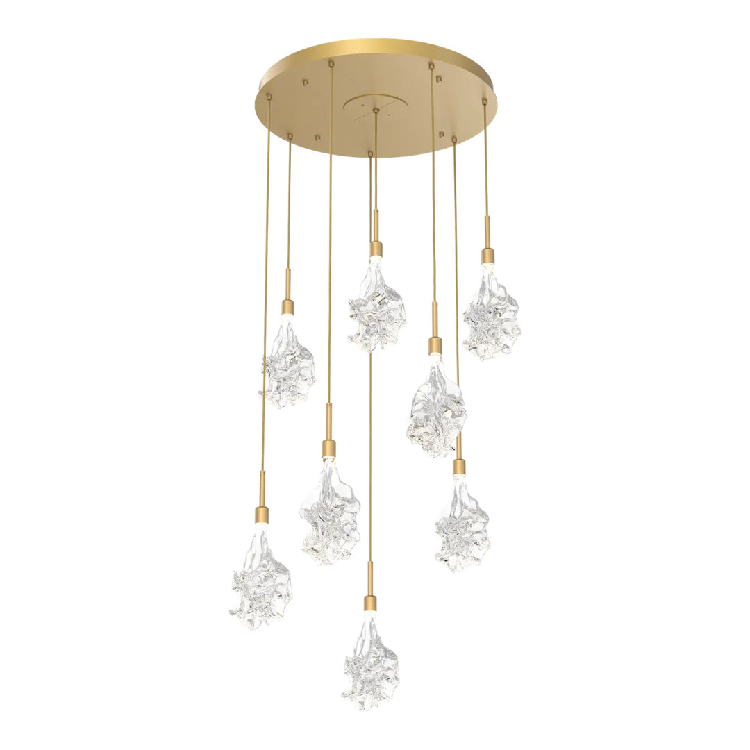Blossom Round Pendant Chandelier by Hammerton Studio in Gilded Brass with Clear Blossom glass on adjustable cord (8 Lights)