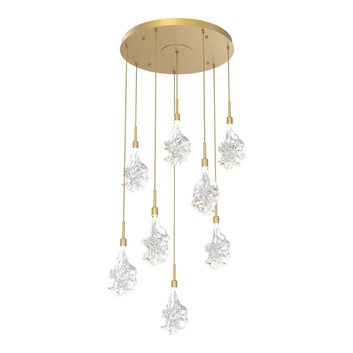 Blossom Round Pendant Chandelier by Hammerton Studio in Gilded Brass with Clear Blossom glass on adjustable cord (8 Lights)