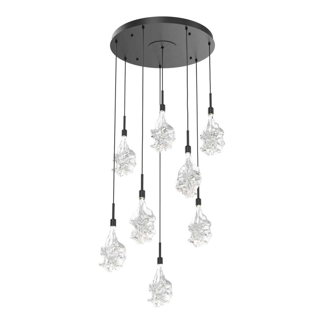 Blossom Round Pendant Chandelier by Hammerton Studio in Matte Black with Clear Blossom glass on adjustable cord (8 Lights)