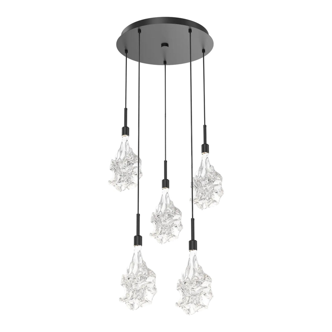 Blossom Round Pendant Chandelier by Hammerton Studio in Matte Black with Clear Blossom glass on adjustable cord (5 Lights)