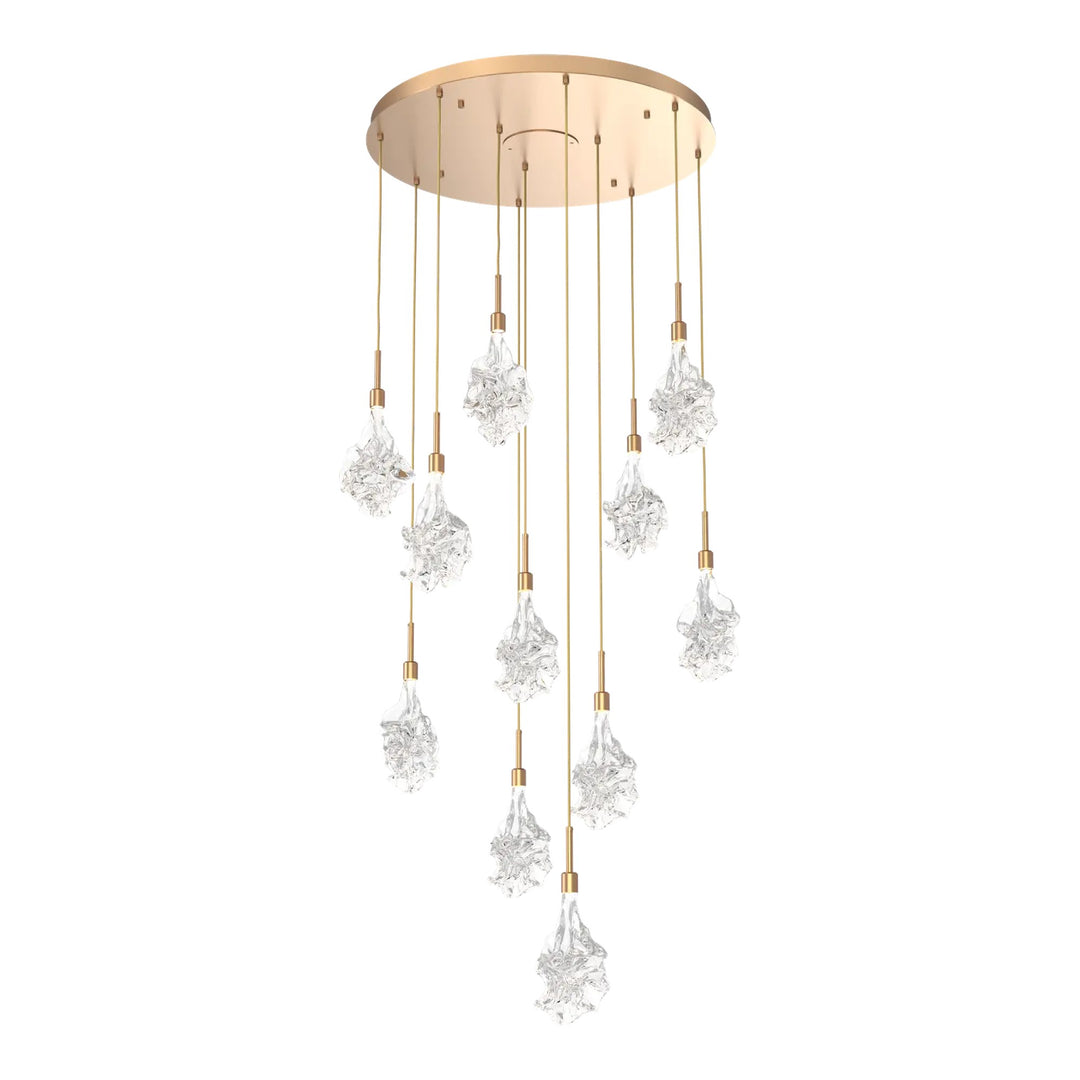Blossom Round Pendant Chandelier by Hammerton Studio in Novel Brass with Clear Blossom glass on adjustable cord (11 Lights)