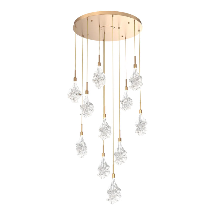 Blossom Round Pendant Chandelier by Hammerton Studio in Novel Brass with Clear Blossom glass on adjustable cord (11 Lights)