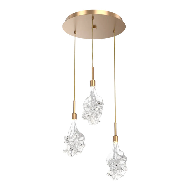 Blossom Round Pendant Chandelier by Hammerton Studio in Novel Brass with Clear Blossom glass on adjustable cord (3 Lights)