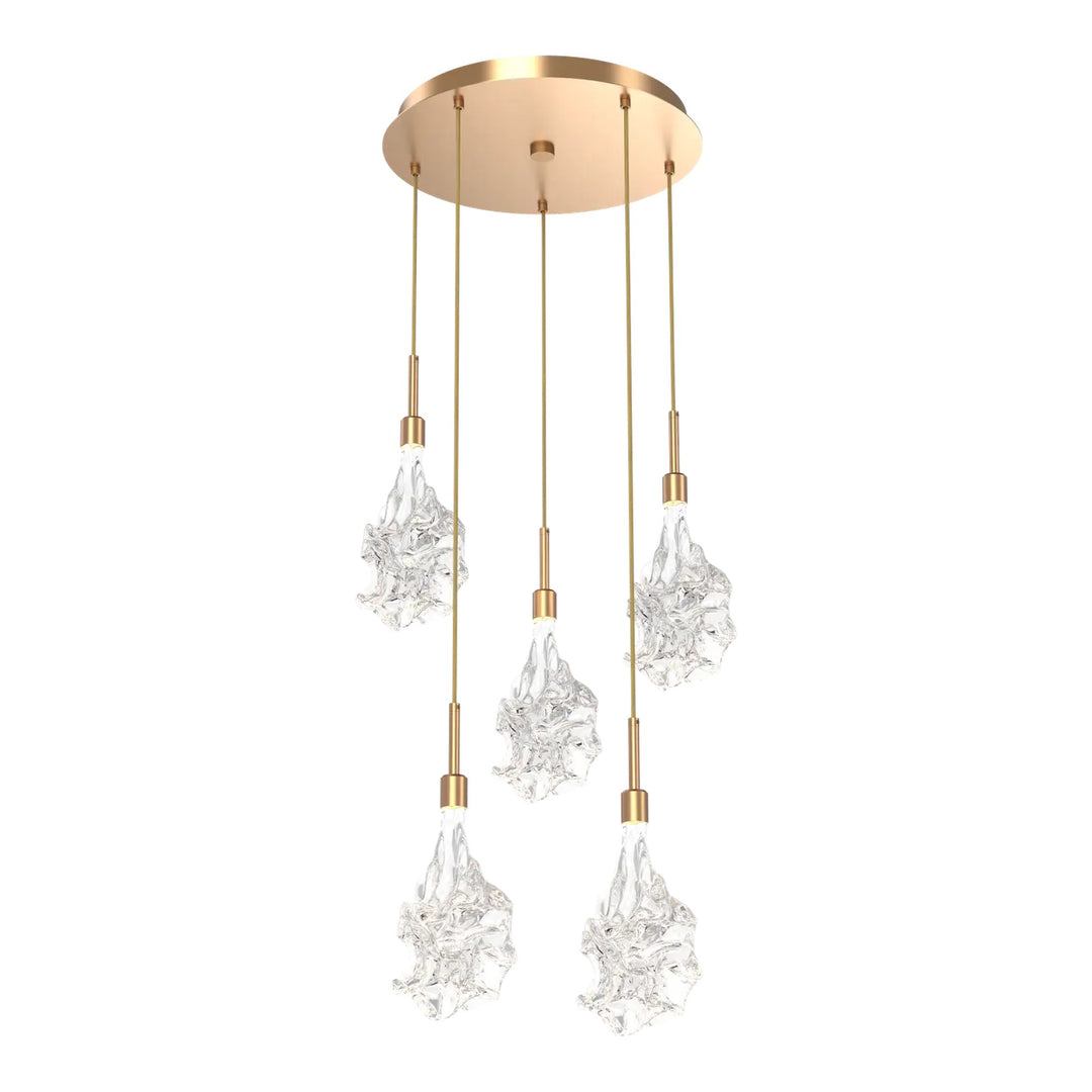 Blossom Round Pendant Chandelier by Hammerton Studio in Novel Brass with Clear Blossom glass on adjustable cord (5 Lights)