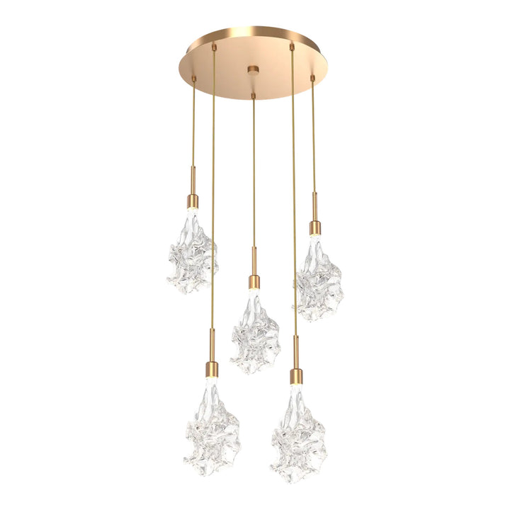 Blossom Round Pendant Chandelier by Hammerton Studio in Novel Brass with Clear Blossom glass on adjustable cord (5 Lights)