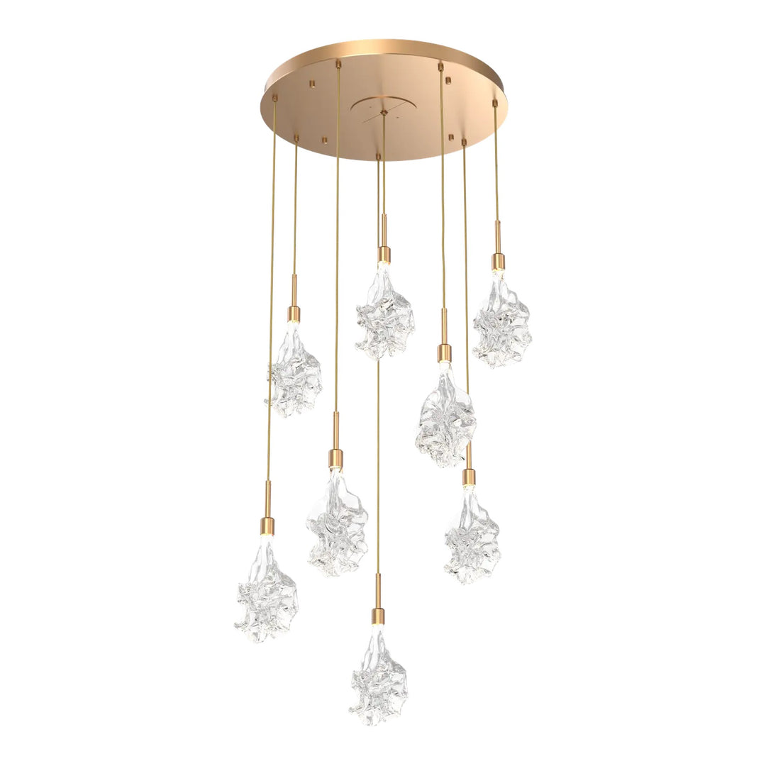 Blossom Round Pendant Chandelier by Hammerton Studio in Novel Brass with Clear Blossom glass on adjustable cord (8 Lights)