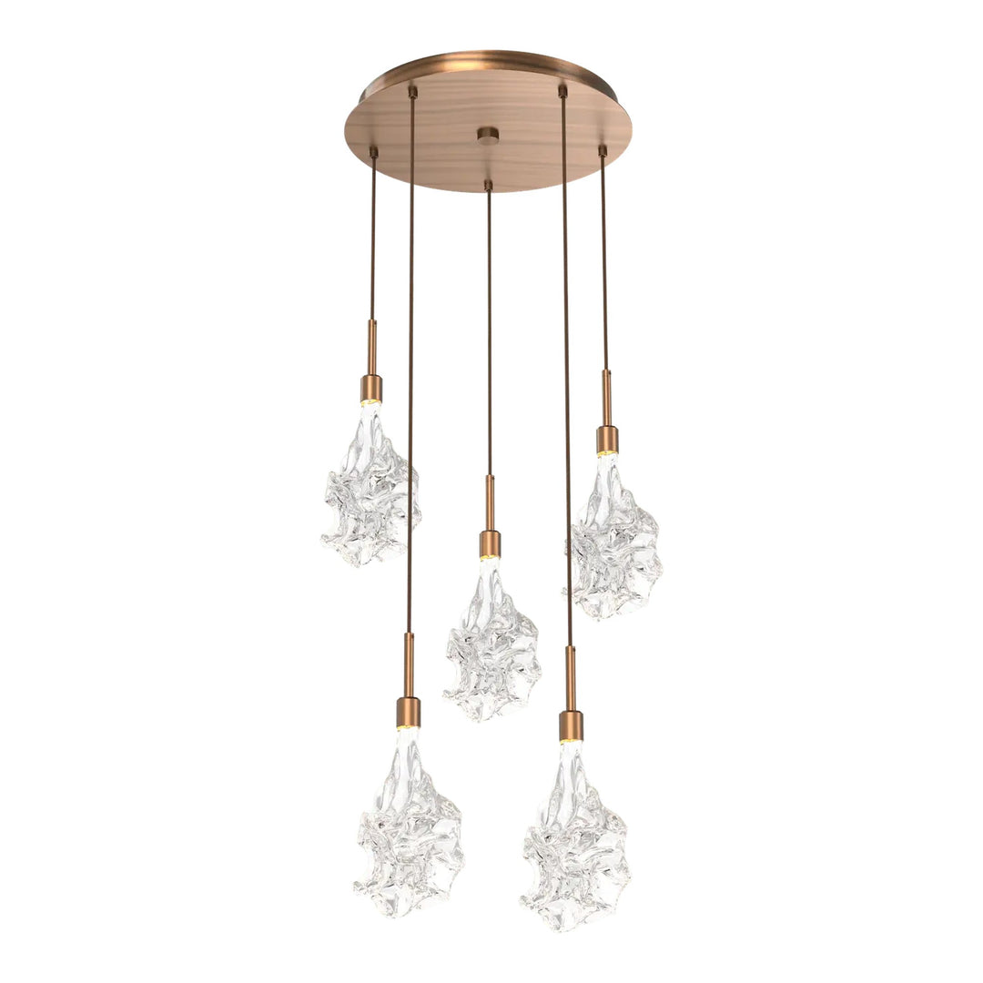 Blossom Round Pendant Chandelier by Hammerton Studio in Oil-Rubbed Bronze with Clear Blossom glass on adjustable cord (5 Lights)
