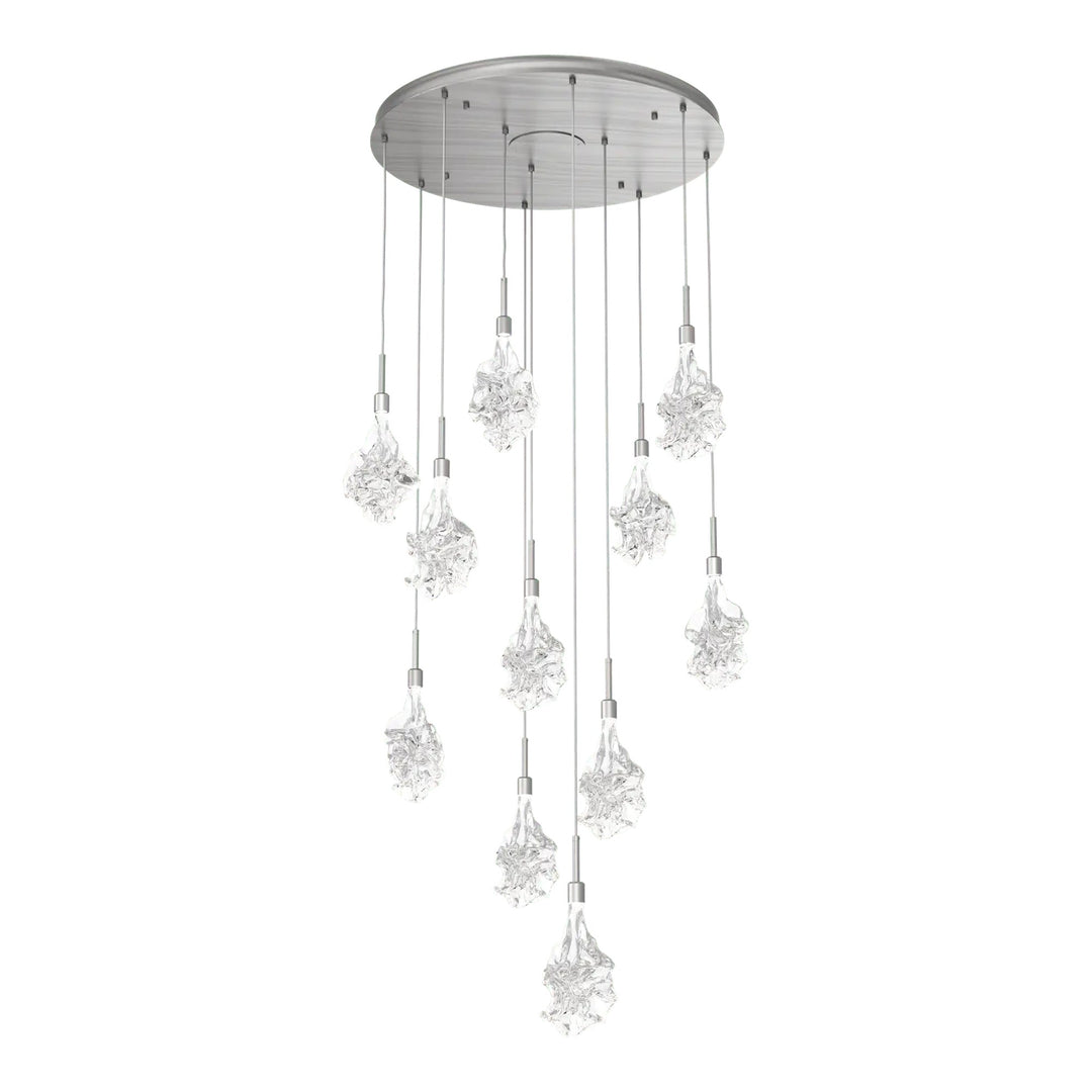 Blossom Round Pendant Chandelier by Hammerton Studio in Satin Nickel with Clear Blossom glass on adjustable cord (11 Lights)