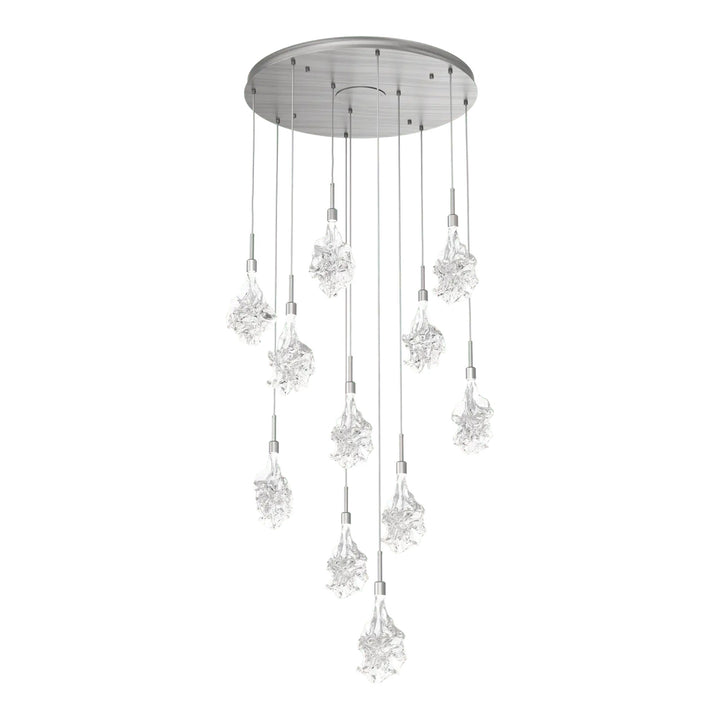 Blossom Round Pendant Chandelier by Hammerton Studio in Satin Nickel with Clear Blossom glass on adjustable cord (11 Lights)
