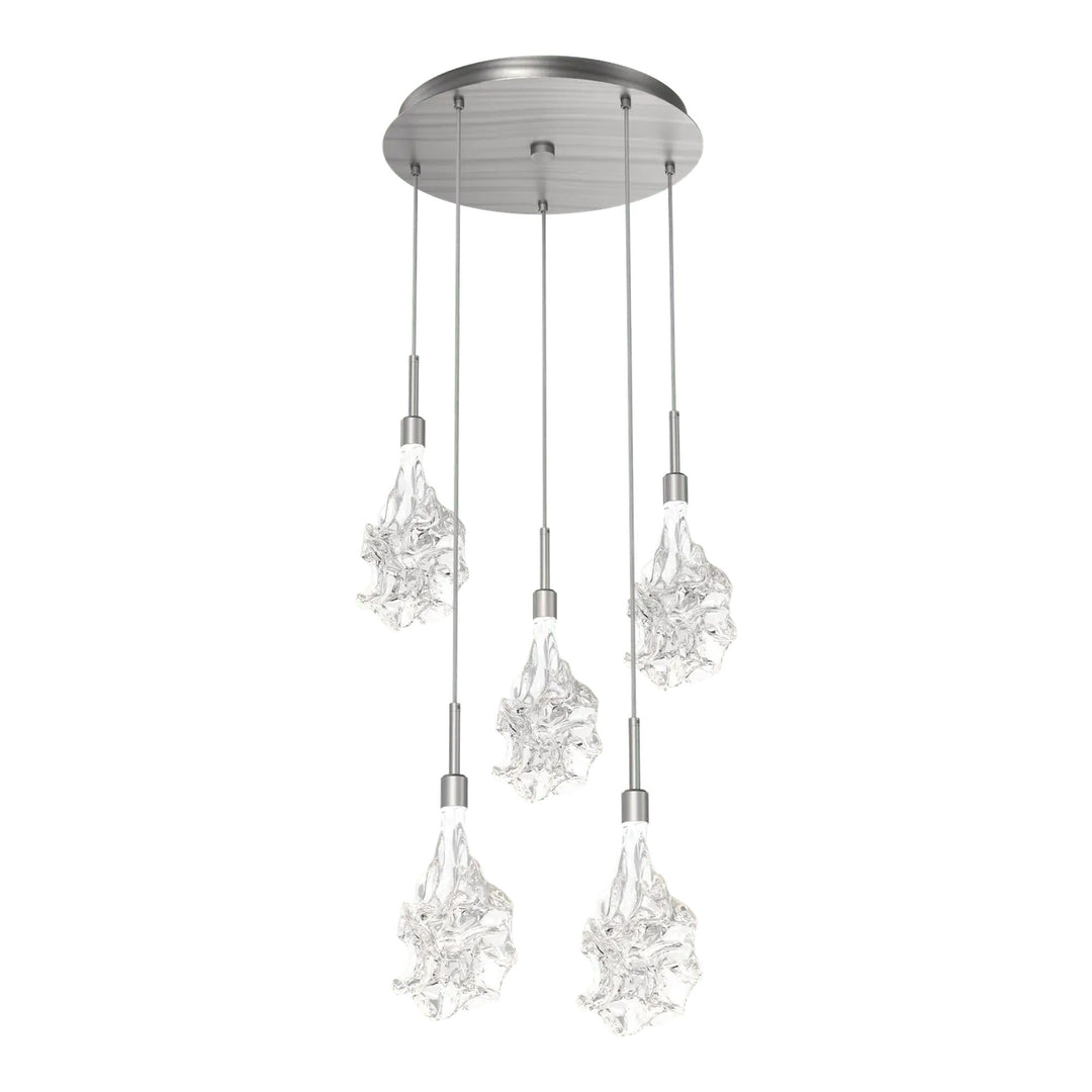 Blossom Round Pendant Chandelier by Hammerton Studio in Satin Nickel with Clear Blossom glass on adjustable cord (5 Lights)