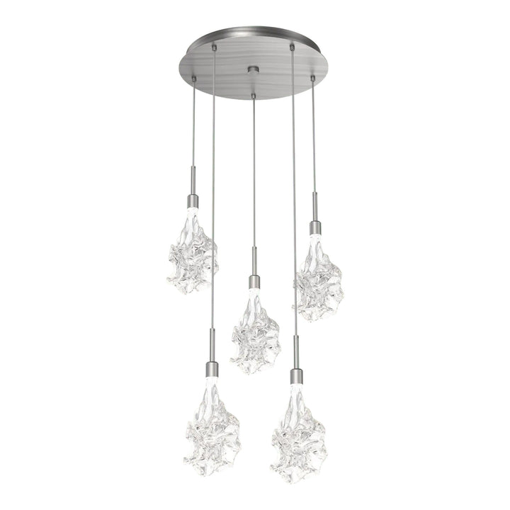 Blossom Round Pendant Chandelier by Hammerton Studio in Satin Nickel with Clear Blossom glass on adjustable cord (5 Lights)
