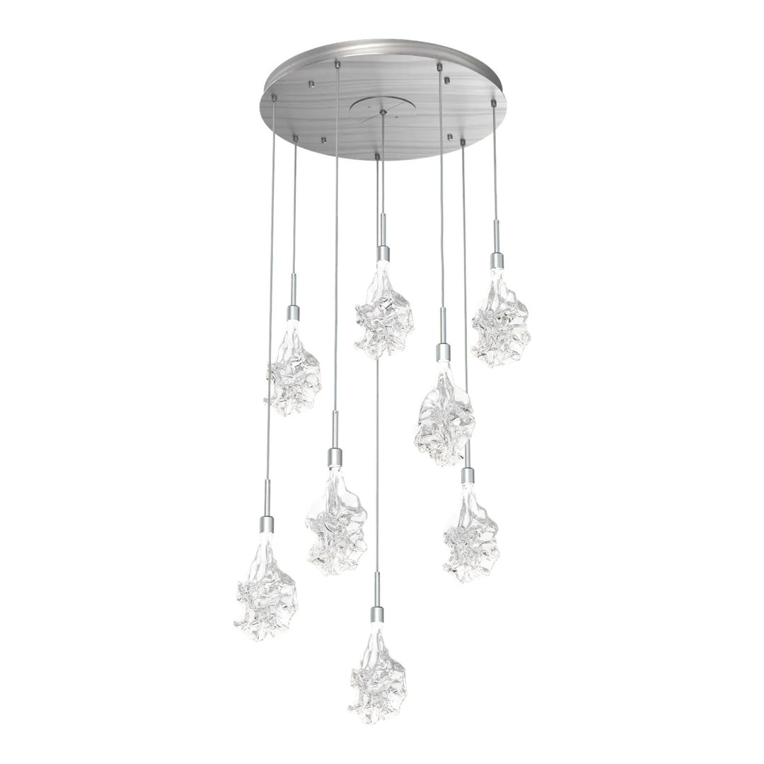 Blossom Round Pendant Chandelier by Hammerton Studio in Satin Nickel with Clear Blossom glass on adjustable cord (8 Lights)