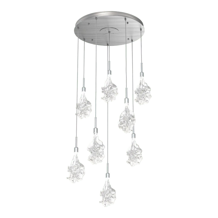 Blossom Round Pendant Chandelier by Hammerton Studio in Satin Nickel with Clear Blossom glass on adjustable cord (8 Lights)