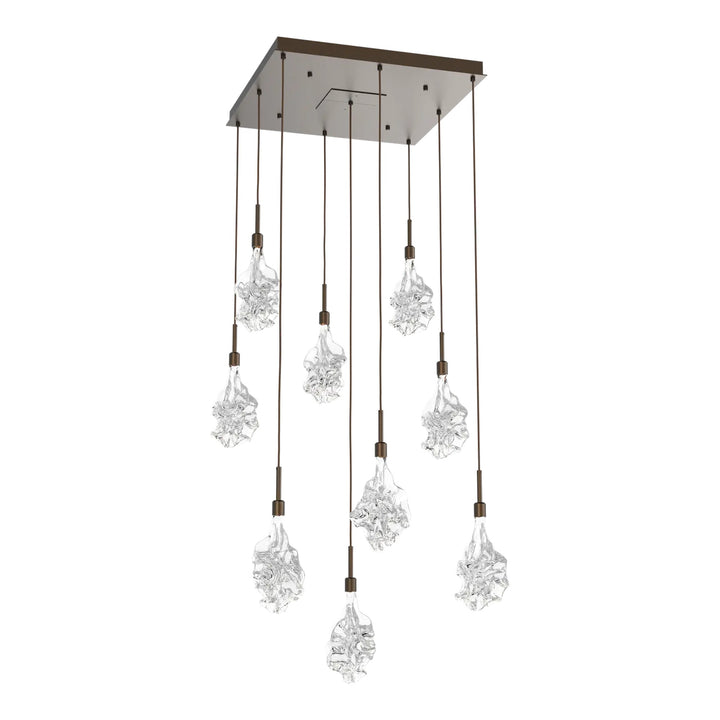 Blossom Square Pendant Chandelier by Hammerton Studio in Flat Bronze with Clear Blossom glass (9 Lights)