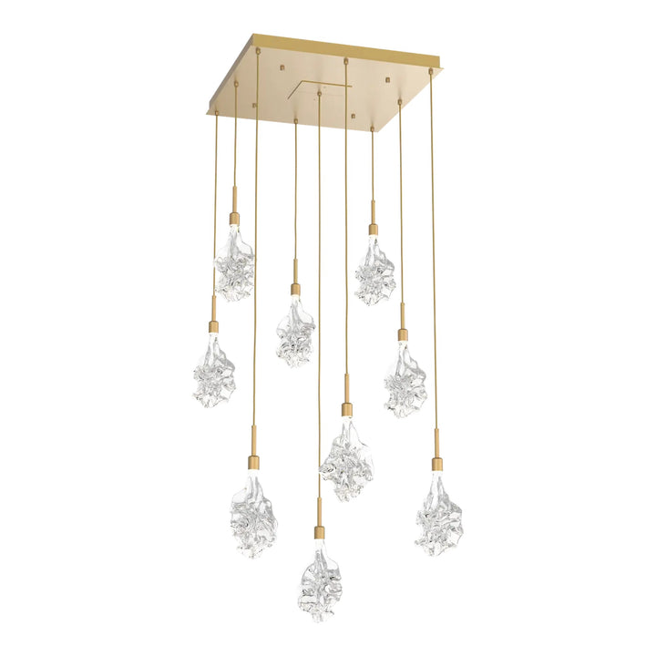 Blossom Square Pendant Chandelier by Hammerton Studio in Gilded Brass with Clear Blossom glass (9 Lights)