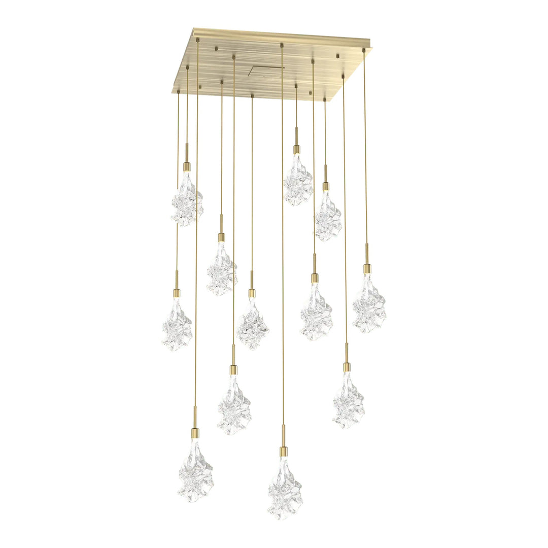 Blossom Square Pendant Chandelier by Hammerton Studio in Heritage Brass with Clear Blossom glass (12 Lights)