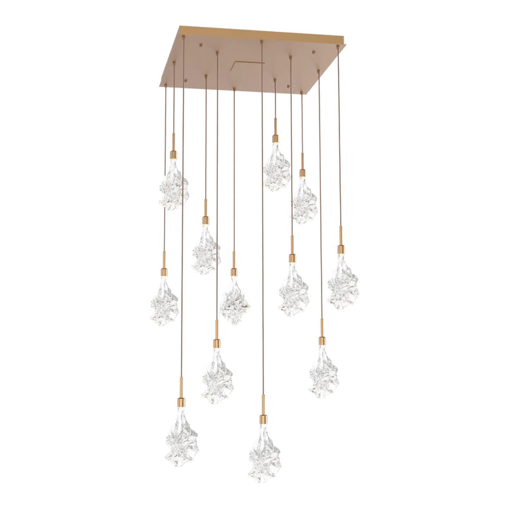 Blossom Square Pendant Chandelier by Hammerton Studio in Novel Brass with Clear Blossom glass (12 Lights)