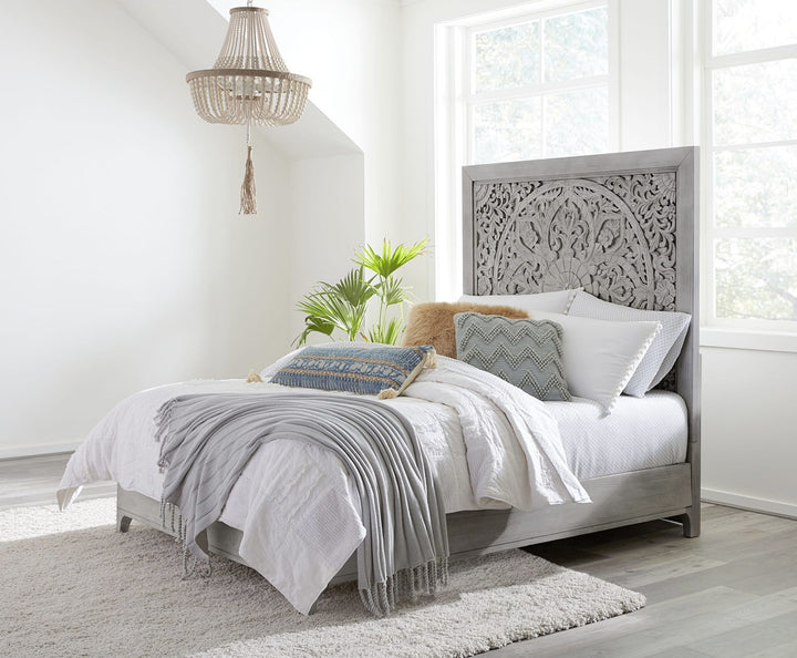 Boho Chic Carved Platform Bed in Washed White styled in a bedroom