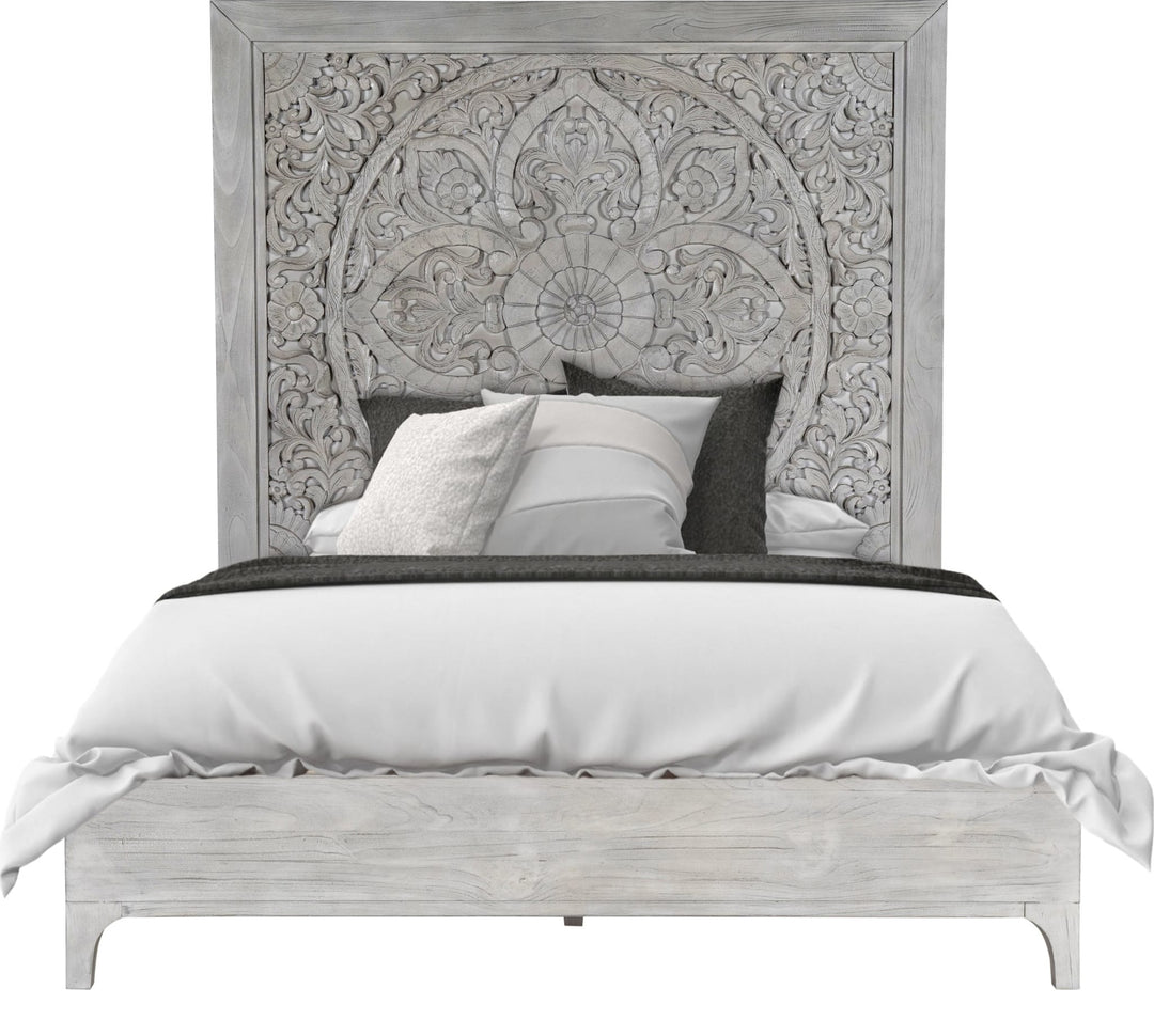 Boho Chic Carved Platform Bed in Washed White — white background, front view