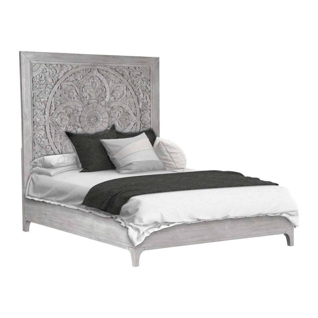Boho Chic Carved Platform Bed by Modus in Washed White — white background, angled view