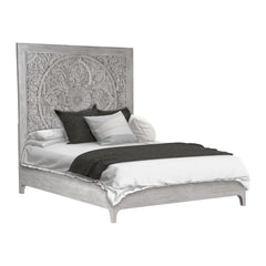 Boho Chic Carved Platform Bed by Modus in Washed White — white background, angled view