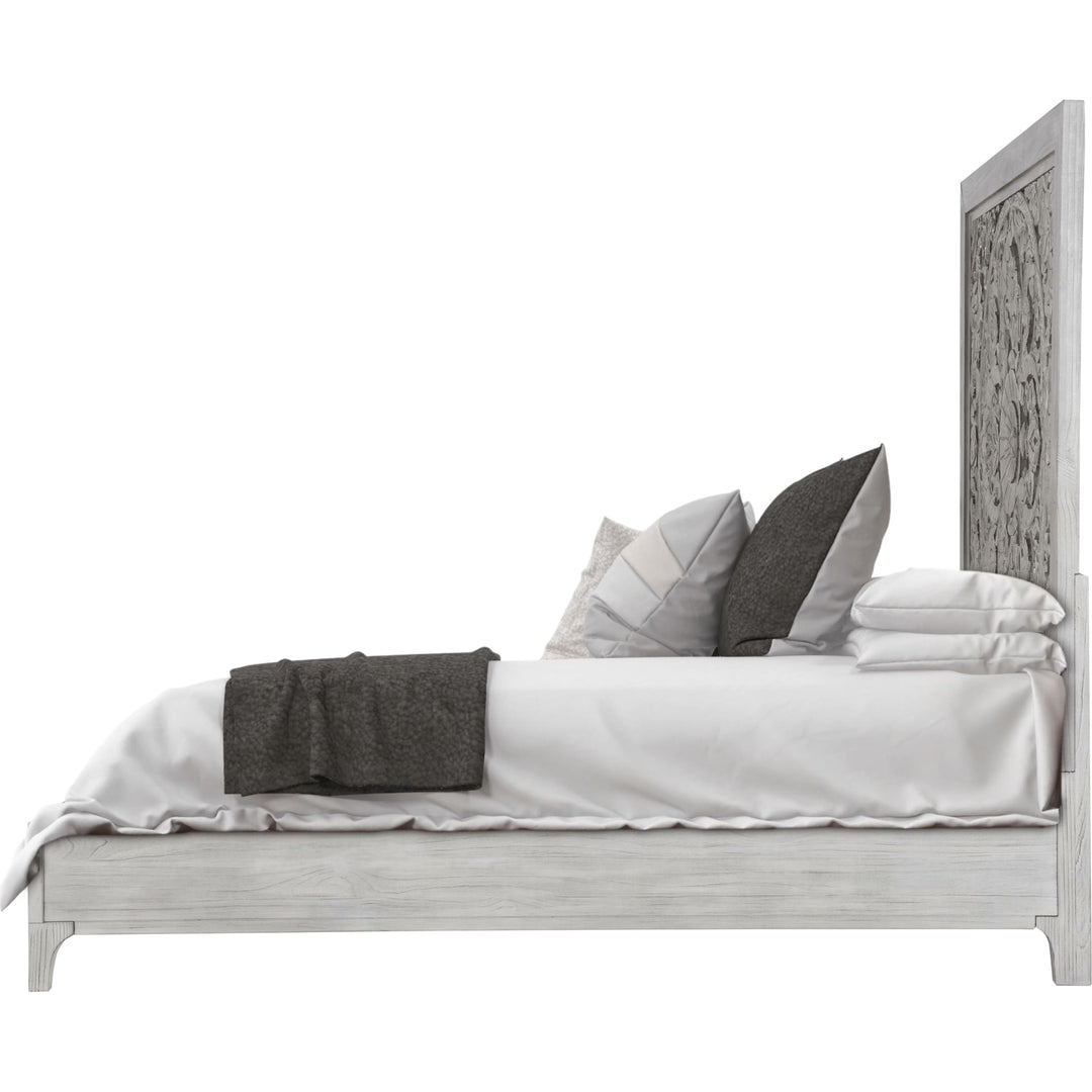 Boho Chic Carved Platform Bed in Washed White — white background, side profile