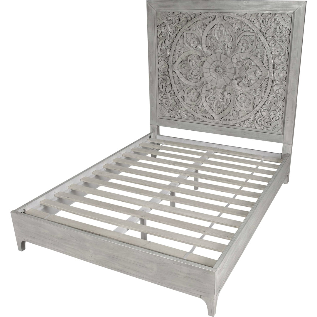 Boho Chic Carved Platform Bed in Washed White — without mattress, showing the frame