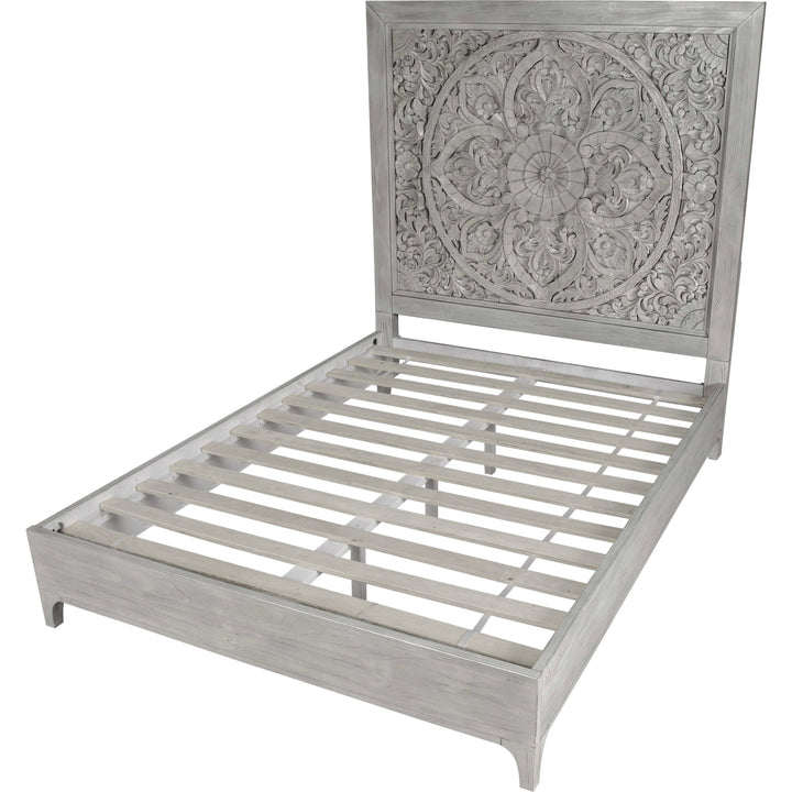 Boho Chic Carved Platform Bed in Washed White — without mattress, showing the frame