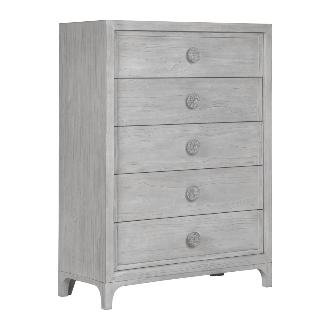 Boho Chic Five Drawer Chest by Modus in Washed White — on a white background