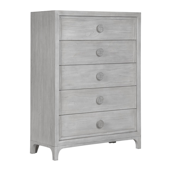Boho Chic Five Drawer Chest by Modus in Washed White — on a white background