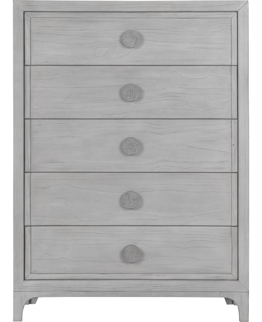 Boho Chic Five Drawer Chest in Washed White — on a white background
