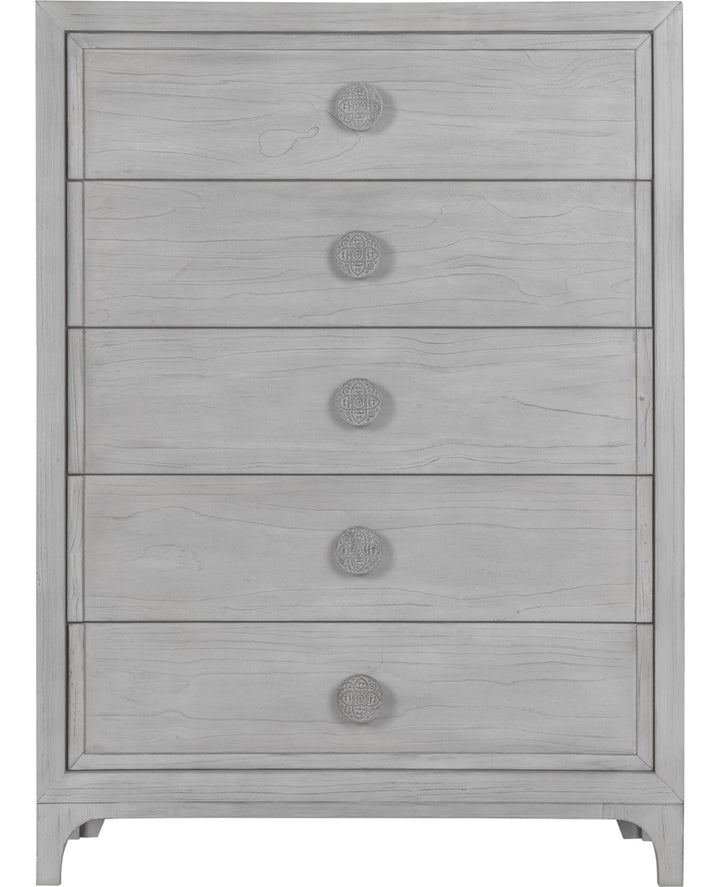 Boho Chic Five Drawer Chest in Washed White — on a white background