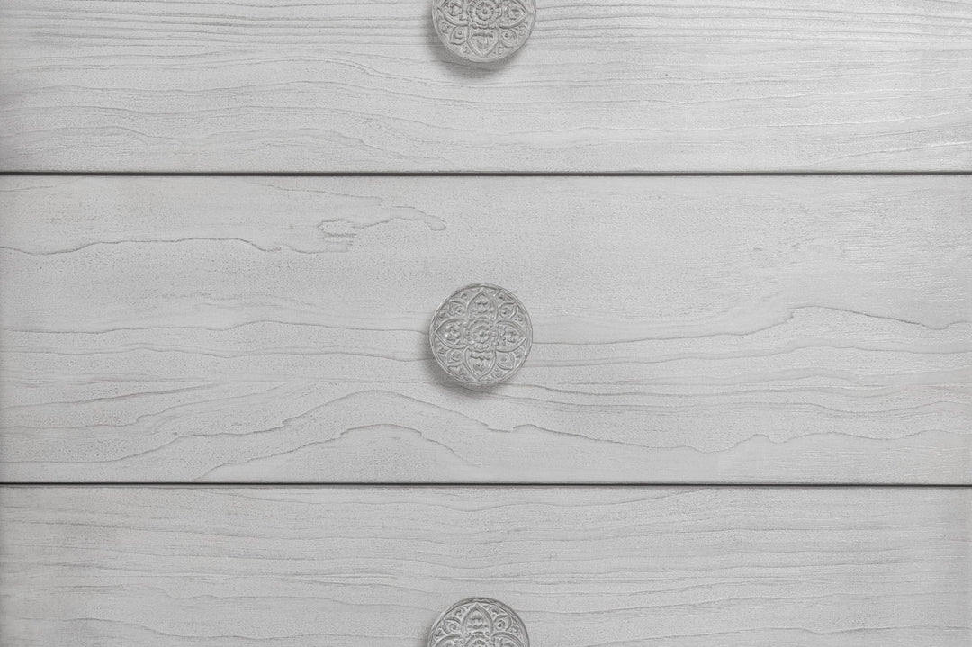 Boho Chic Five Drawer Chest in Washed White — detail view