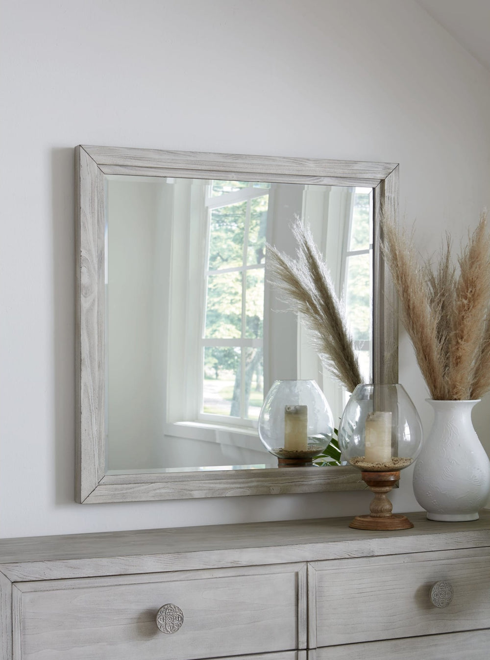 Boho Chic Mirror in Washed White — styled on the matching dresser (sold separately)