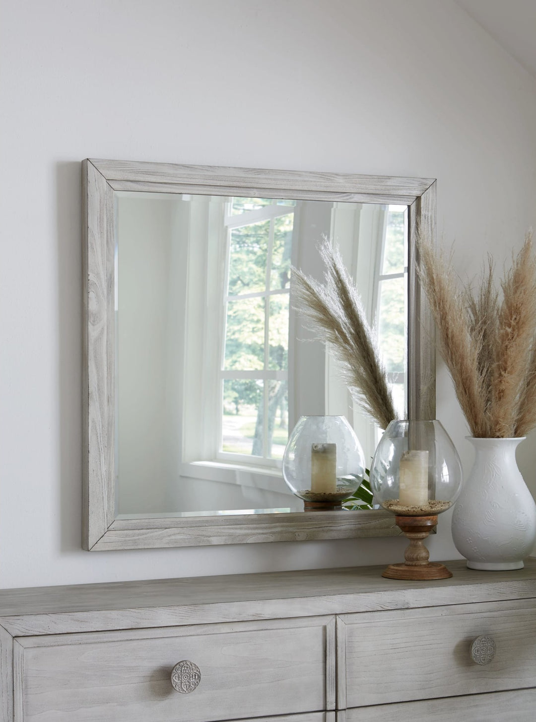 Boho Chic Mirror in Washed White — styled on the matching dresser (sold separately)