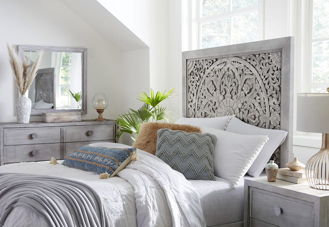 Boho Chic Mirror in Washed White — in a bedroom setting