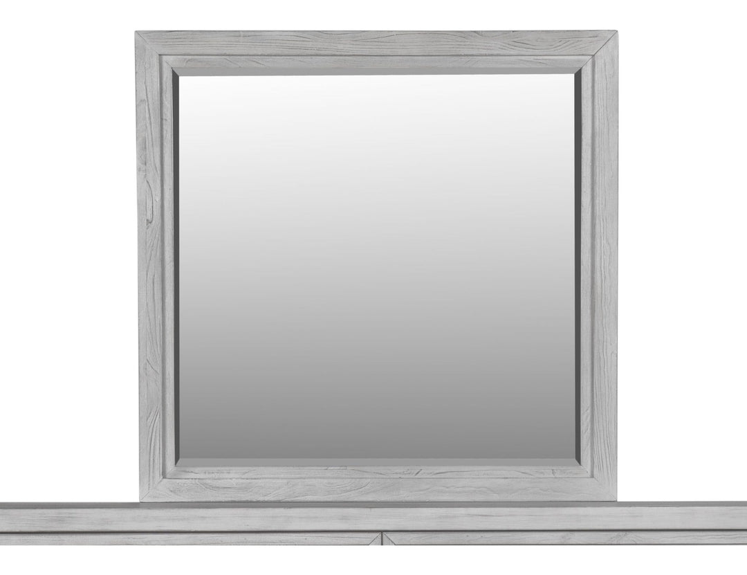 Boho Chic Mirror in Washed White — on a white background, mounted on the matching dresser (sold separately)
