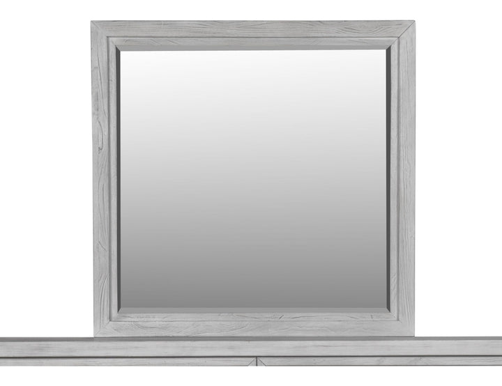 Boho Chic Mirror in Washed White — on a white background, mounted on the matching dresser (sold separately)