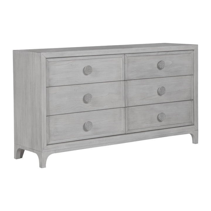 Boho Chic Six Drawer Dresser by Modus in Washed White — on a white background