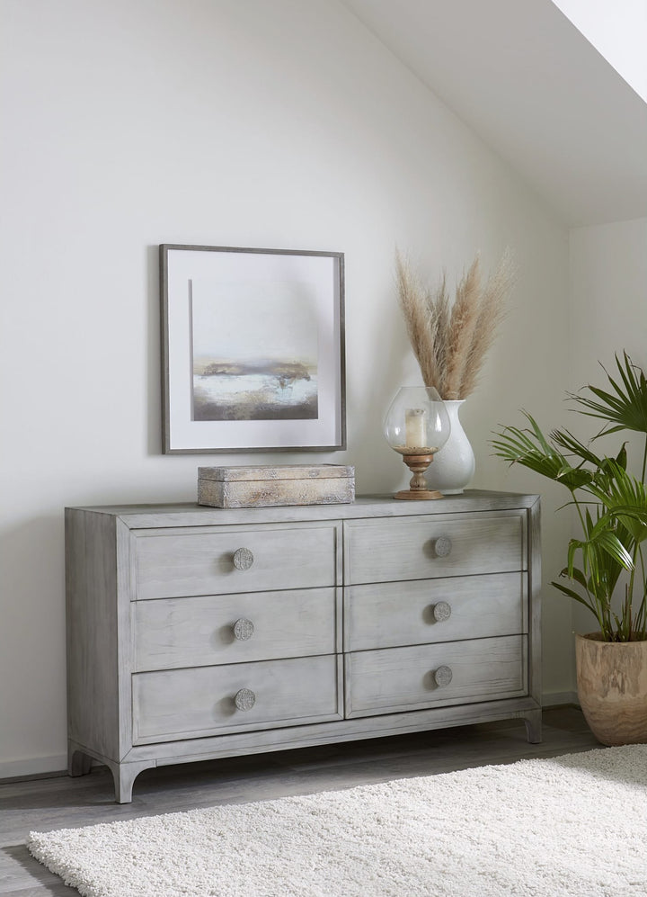Boho Chic Six Drawer Dresser in Washed White — styled in a room