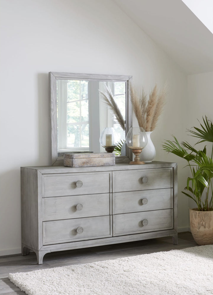 Boho Chic Six Drawer Dresser in Washed White — styled with the matching mirror (sold separately)