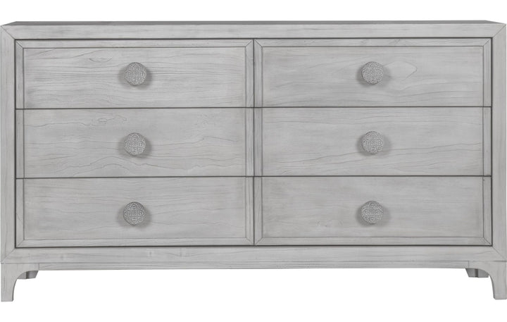 Boho Chic Six Drawer Dresser in Washed White — on a white background