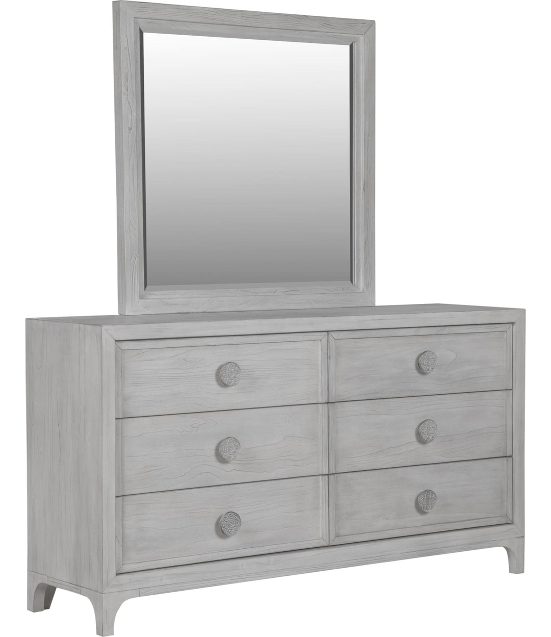 Boho Chic Six Drawer Dresser in Washed White — on a white background with the matching mirror (sold separately)