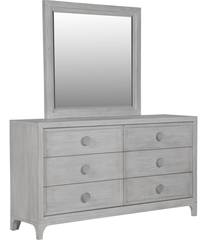 Boho Chic Six Drawer Dresser in Washed White — on a white background with the matching mirror (sold separately)