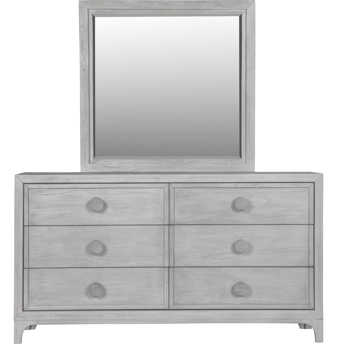 Boho Chic Six Drawer Dresser in Washed White — on a white background with the matching mirror (sold separately)