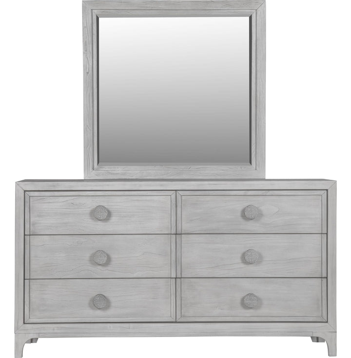 Boho Chic Six Drawer Dresser in Washed White — on a white background with the matching mirror (sold separately)
