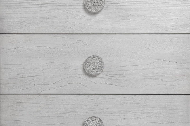 Boho Chic Six Drawer Dresser in Washed White — detail view