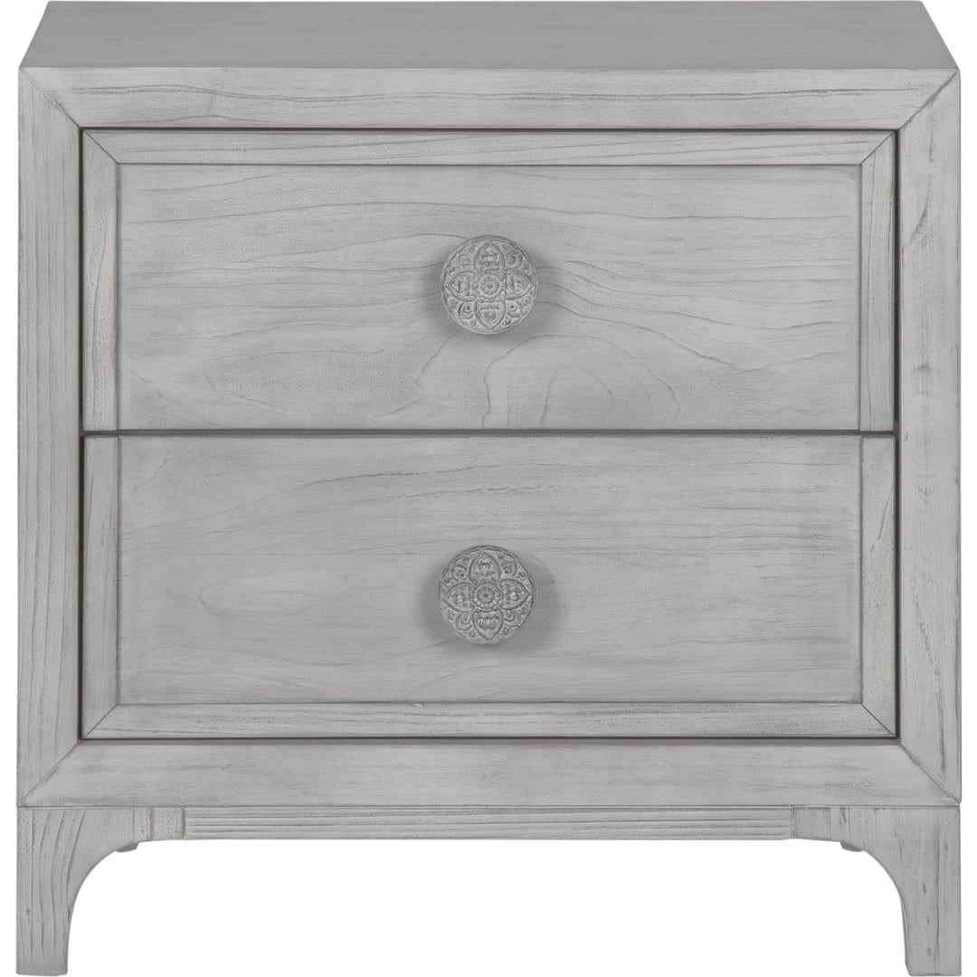 Boho Chic Two Drawer Nightstand in Washed White — on a white background