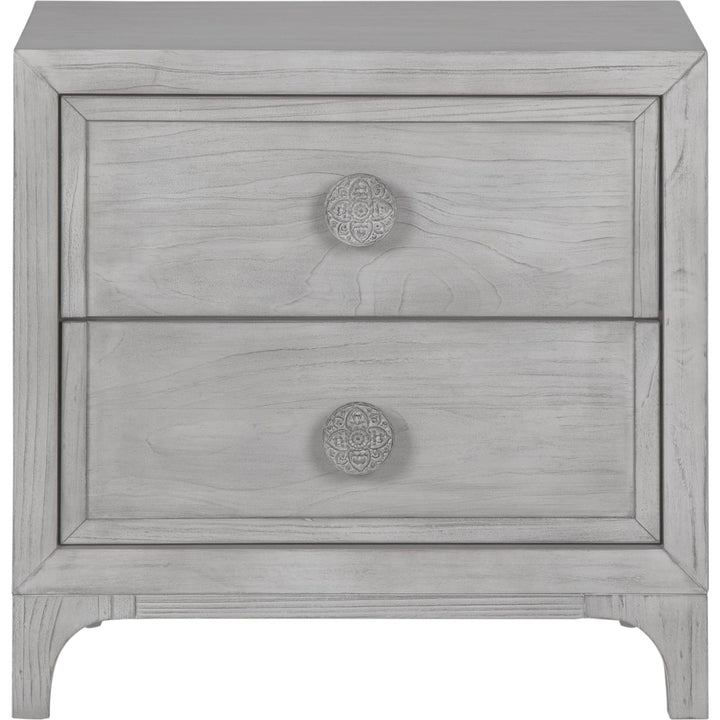 Boho Chic Two Drawer Nightstand in Washed White — on a white background