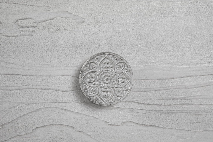 Boho Chic Two Drawer Nightstand in Washed White — detail view